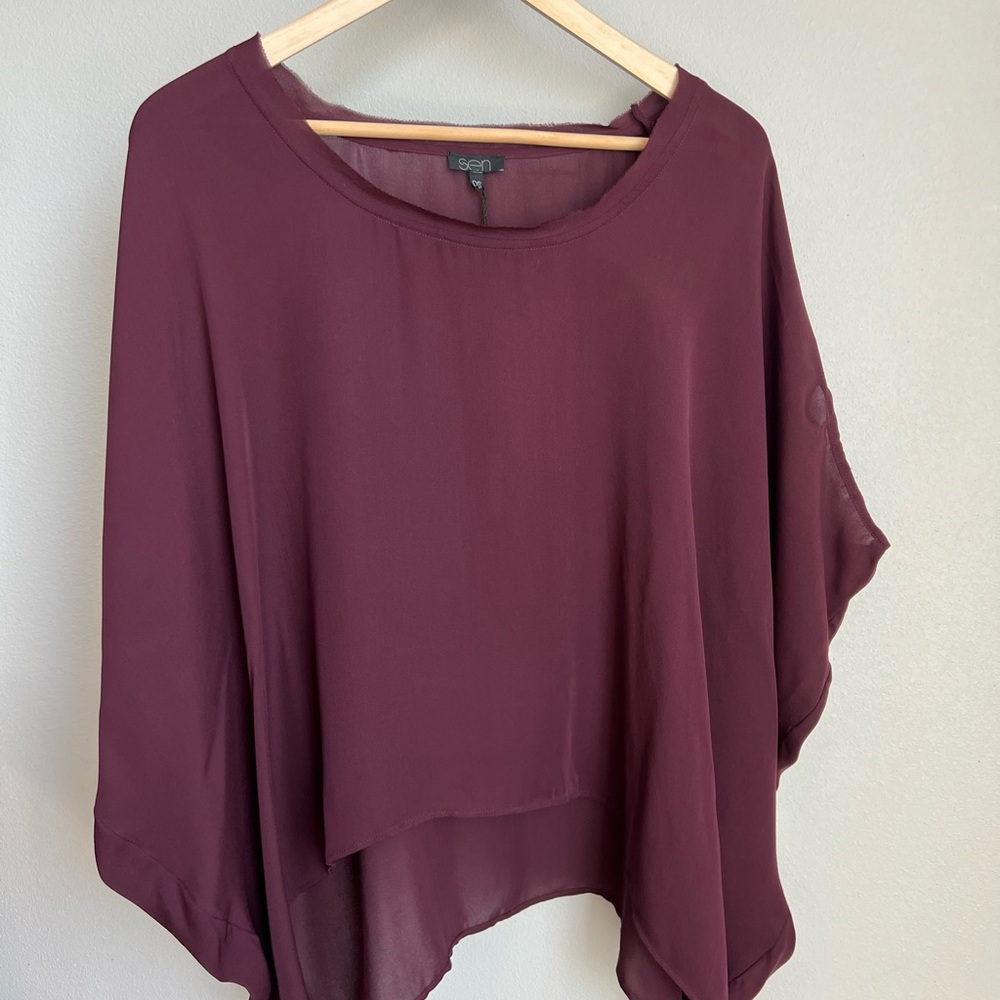 SEN poncho style silk top in plum color
